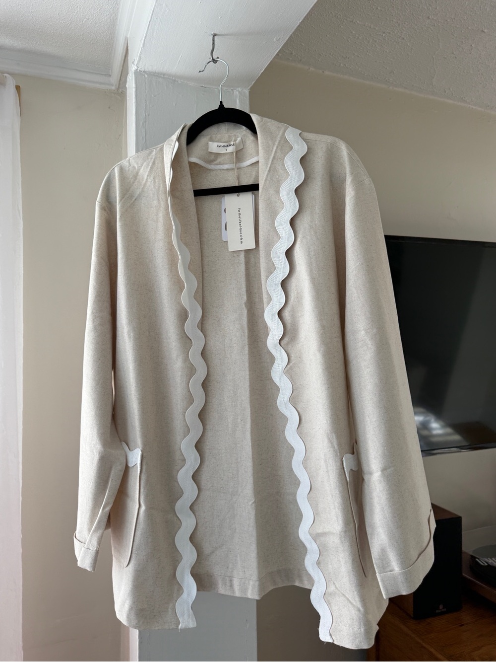NWT COMMENSE Beige Belted Robe Jacket S White Ric Rac Trim